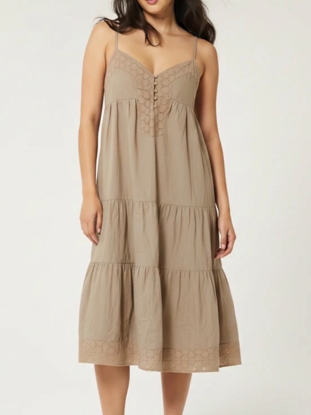 BCBG Neutral Tan Boho Summer Midi Dress